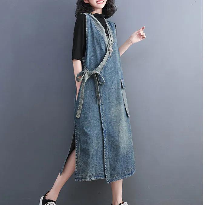 Летняя весна женская длинная одежда свободный пояс без рукавов джинсовые платья женские классические повседневные винтажные платья V-образный вырез юбка средней длины