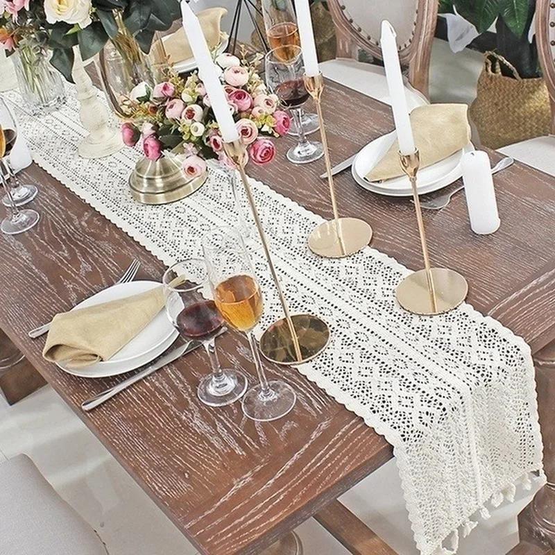 Nordic Tassel Hollow Tablecloth Crochet Lace Tablecloth with Romantic Wedding Party Table Cover