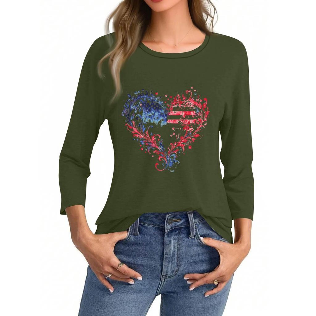 Women's Fashionable Casual Three Quarter Sleeve Printed Collar Pullover Top