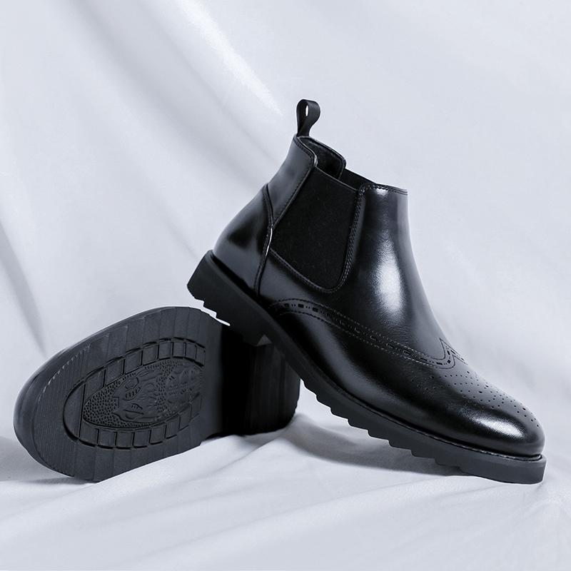 Fashion Elegantes Genuine Leather Chelsea Boots Mens Comfortable Brogue Shoes British Style Man Wedding Dress Ankle Boots Slip On Shoes