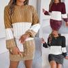 Women's Knitted Sweater Dres Long Sleeve Color Block Stripe Pullover Jumper Casual Winter Outifit Clothing