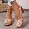 Ladies' Retro Round Toe Shallow Mouth Fashionable Printed Thick Heel High-heeled Single Shoe with A Straight Buckle Strap