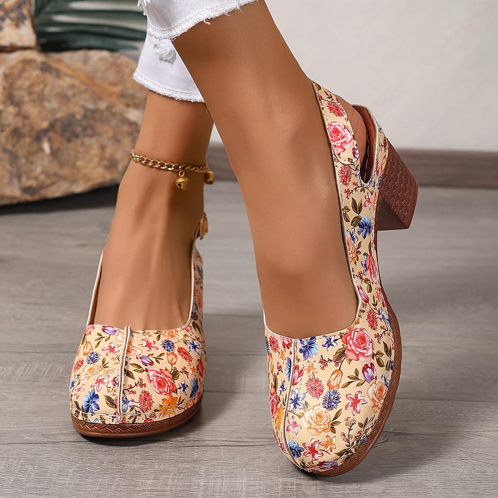 Ladies' Retro Round Toe Shallow Mouth Fashionable Printed Thick Heel High-heeled Single Shoe with A Straight Buckle Strap
