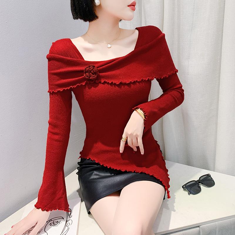 Сексуальный свитер с квадратным вырезом для женщин Весенний новый нерегулярный вязаный базовый топ для женщин Нижнее белье с длинными рукавами