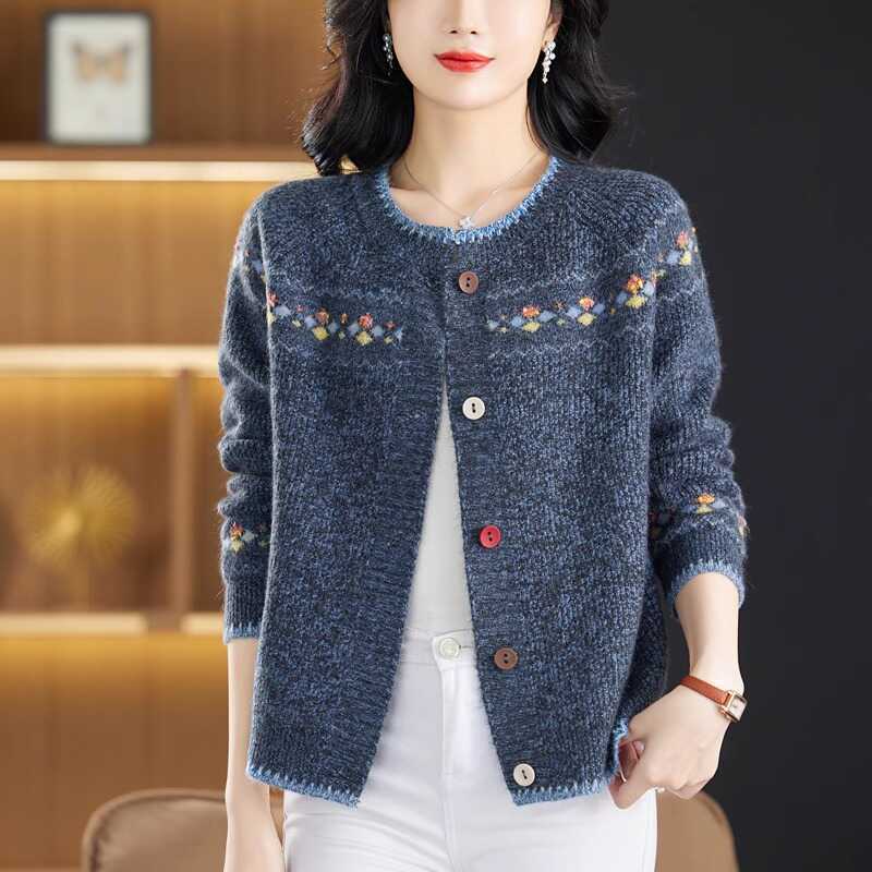 Пальто-свитер женское ретро жаккардовой вязки кардиган куртка ранняя весна осень западный стиль верхняя одежда свободный женский топ
