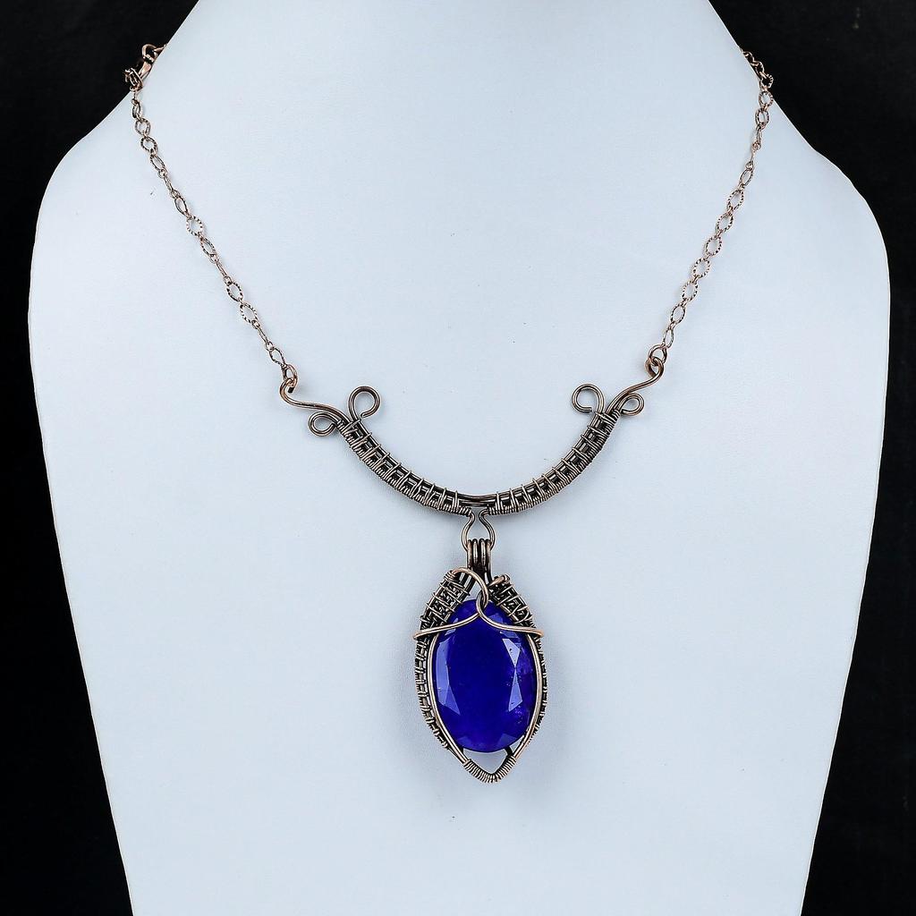 Ожерелье с драгоценным камнем из граненого синего сапфира, ожерелье из медной проволоки, регулируемое ожерелье, ожерелье ручной работы, ювелирное изделие из медной проволоки, подарок для нее