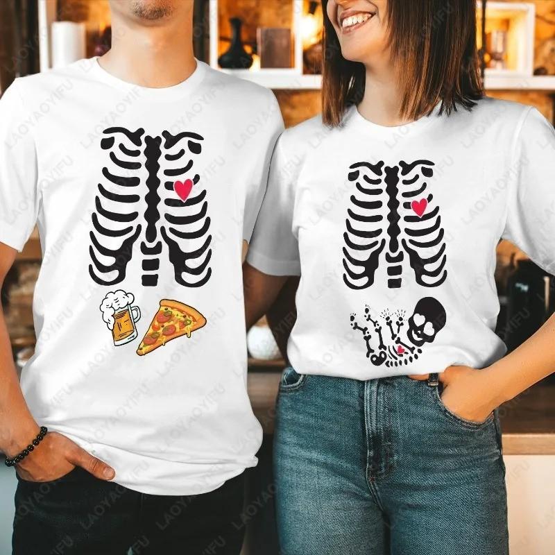 Mens Cotton Graphic Tee Skeleton Ribcage Beer Pizza Halloween Streetwear Short Sleeve T-Shirt