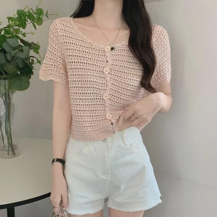 Женский ажурный трикотажный кардиган - короткий рукав, сетка, топ-шаль, солнцезащитный стиль весна/лето 2023 г.