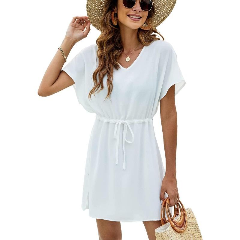 YYFS Женские модные летние весенние однотонные повседневные платья с v-образным вырезом и короткими рукавами и высокой талией