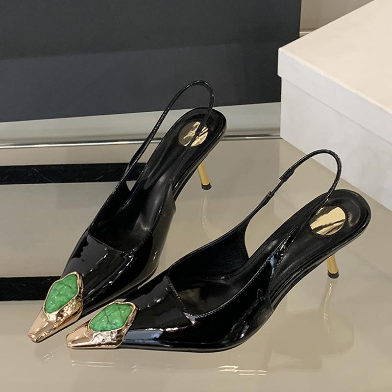 Liyke Модный Дизайн Инкрустация Драгоценными Камнями Заостренный Носок Лакированная Кожа Сексуальные Босоножки Слингбэк Женские Туфли Лодочки Высокие Каблуки Свадебные Банкетные Туфли