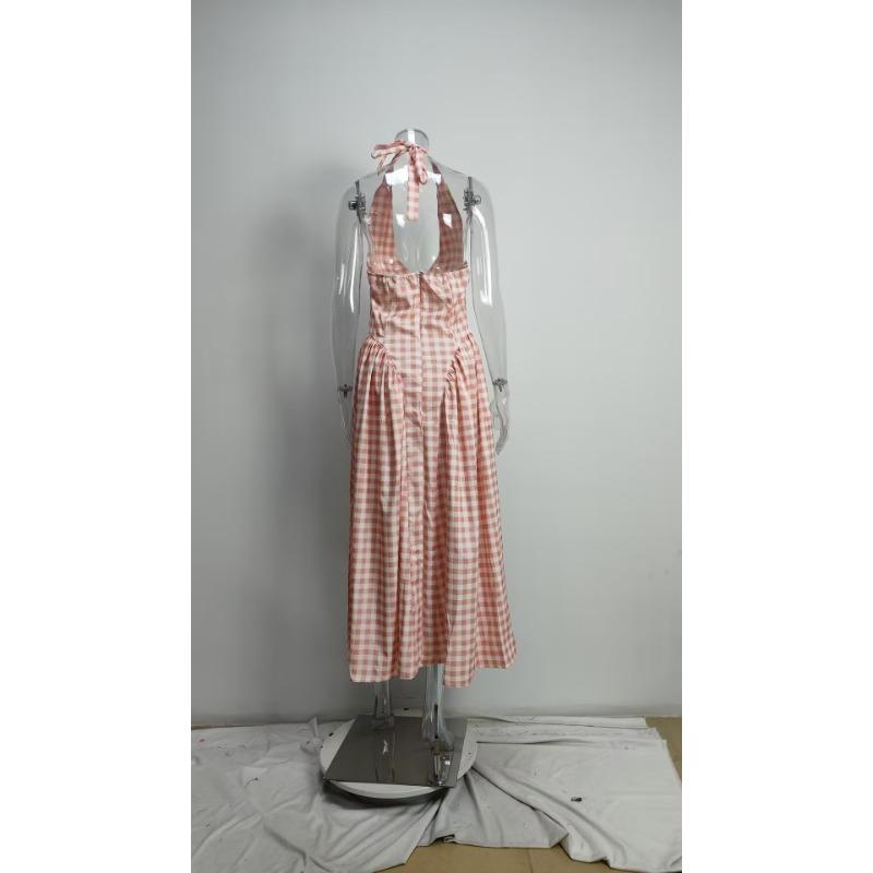 Women French Style Halter Neck Pleated Waist Cinching Long Dress
