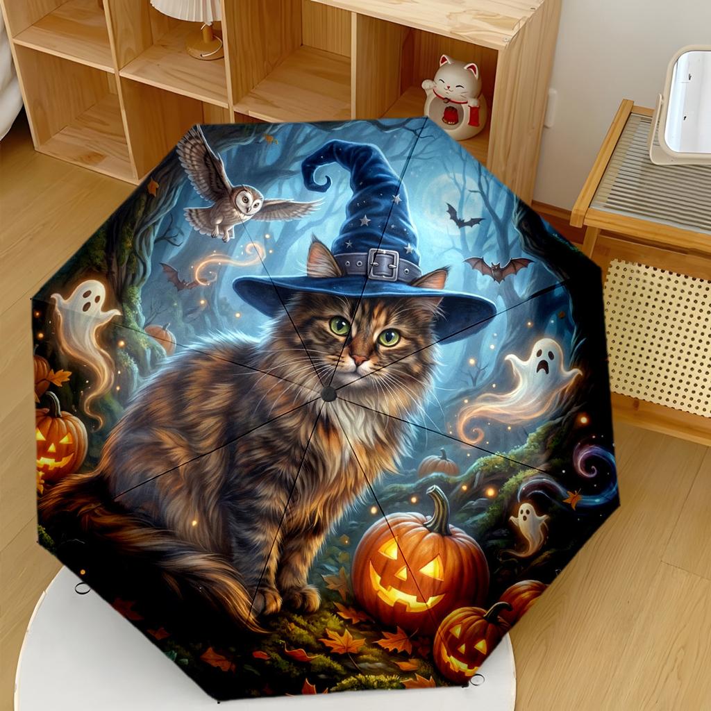 Halloween Cat In Hat Automatic Umbrella Compact 8Rib Design Foldable Design Allseason Use Elegant Umbrella Perfect Birthday Christmas Gift Idea F92