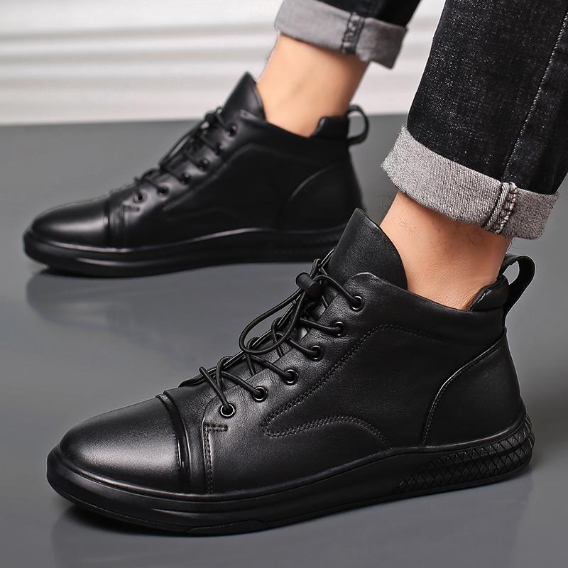 Genuine Leather Men's Casual Shoes Fashion High Top Sneakers Shoes Winter Wool Fur Warm Men Boots Outdoor Snow Non-Slip Footwear