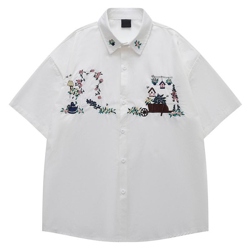 Japanese retro college style fun plant flower embroidered short-sleeved shirt men's and women's loose American shirt 2025 summer