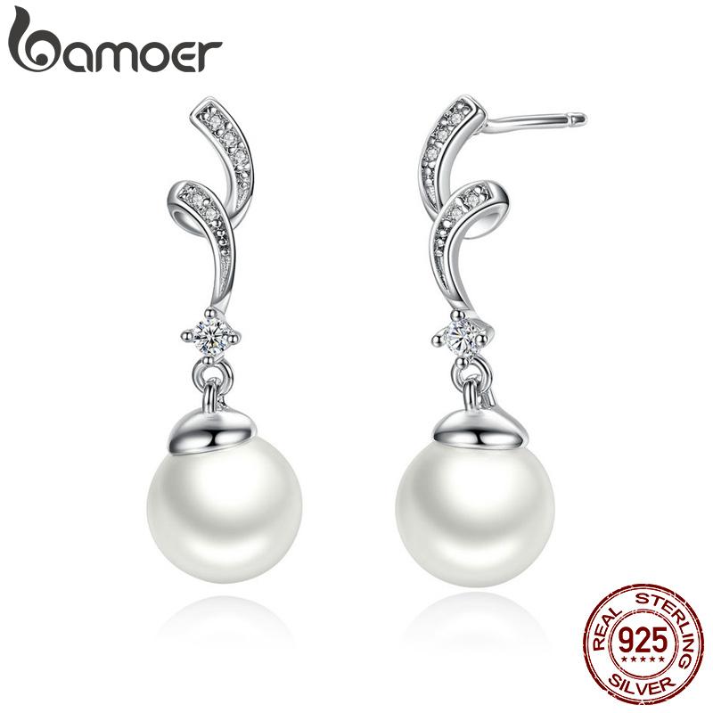 BAMOER Unique Design 100% 925 Sterling Silver Simulated Pearl & Wave Drop Earrings for Women
