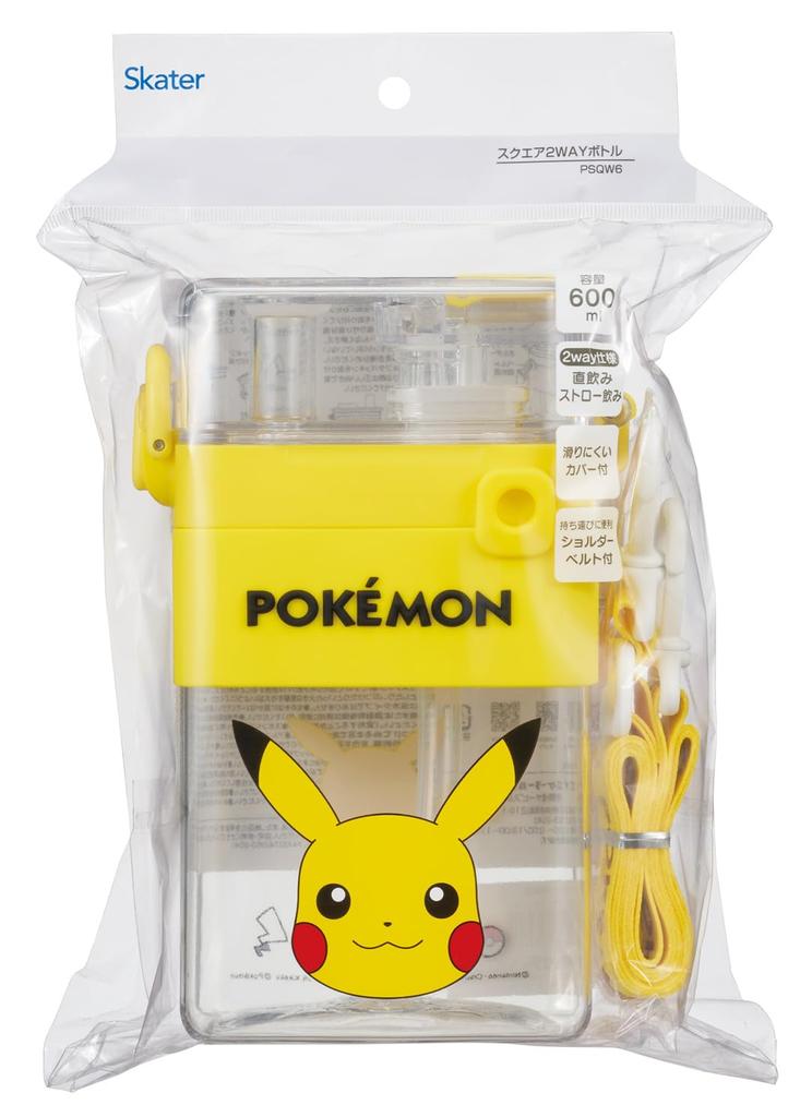 Skater Square Water Direct Shoulder 2-Way Bottle, 600ml, Straw, Drinking, Cover, Strap, Pokémon, Boys, PSQW6-A
