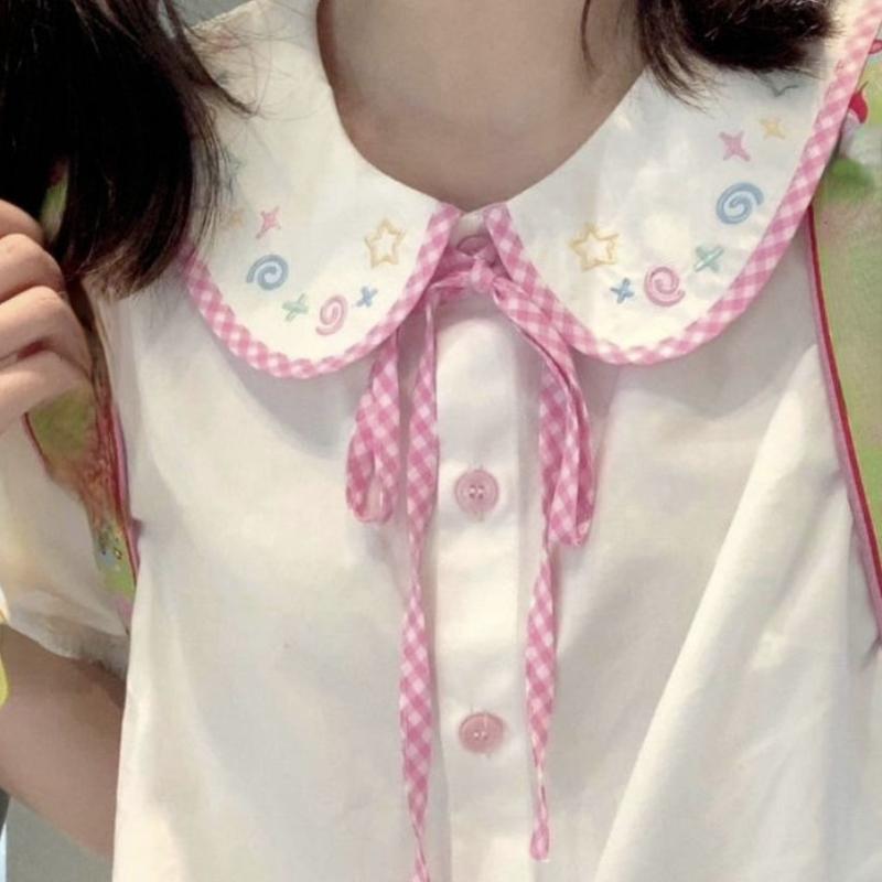 Kawaii Girl Рубашка в консервативном стиле Женский кукольный воротник Белая блузка с вышивкой Женские японские милые рубашки Топы с бантом Femme Harajuku