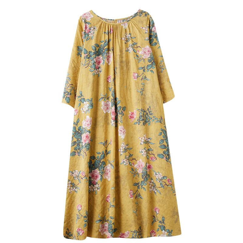 Осеннее литературное платье больших размеров с принтом, свободным круглым вырезом и длинными рукавами для женщин, платья