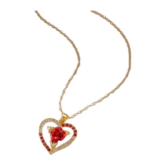 Women Necklace Rhinestone Heart Red Rose Pendant Contrast Color Polished Alloy Symbol of Passionate Love Neck
