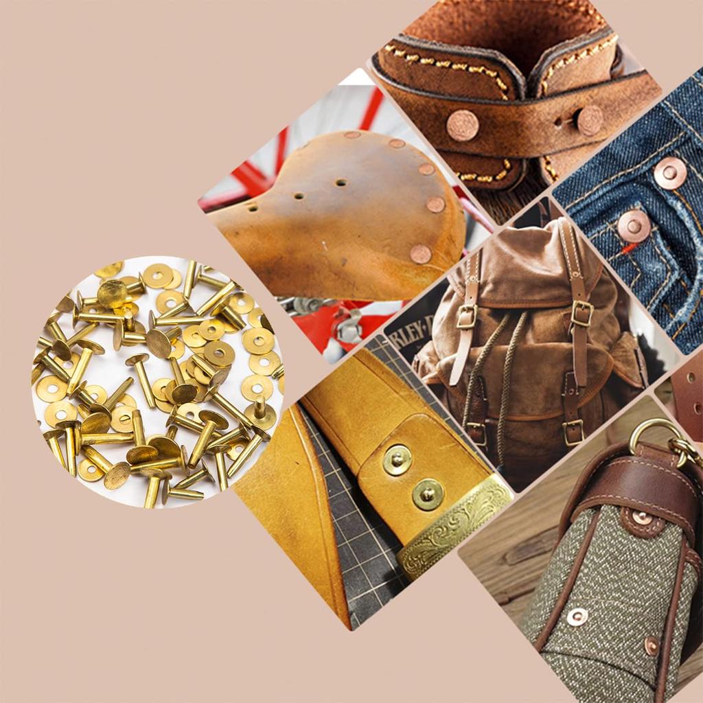 WUTA 100pcs Copper Rivets Leather Copper Rivet Fasteners Solid Brass Rivets Studs Permanent Tack Fasteners for Leather Bridles & Burrs, Crafts, Belts,