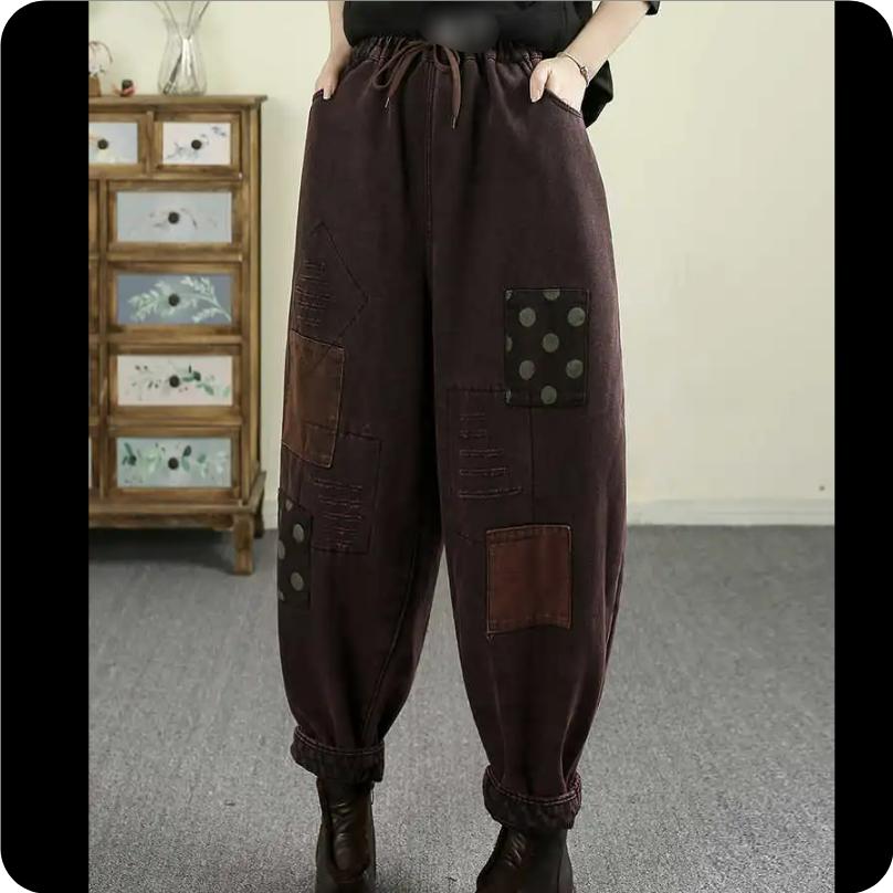 Qianqiu Feiyan Retro Fried Color Patch Plus Velvet Jeans Women's Winter Solid Color Elastic Waist Lace-up Harem Pants