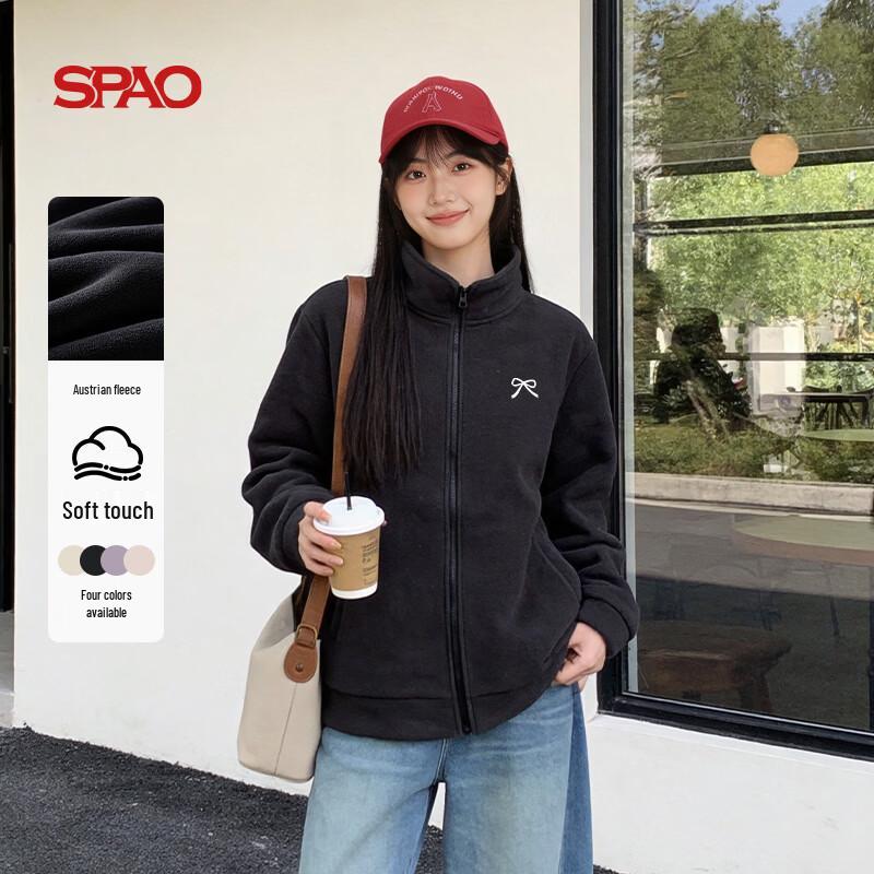 Женская флисовая куртка SPAO с воротником-стойкой, вышивкой в виде плюшевого мишки и молнией