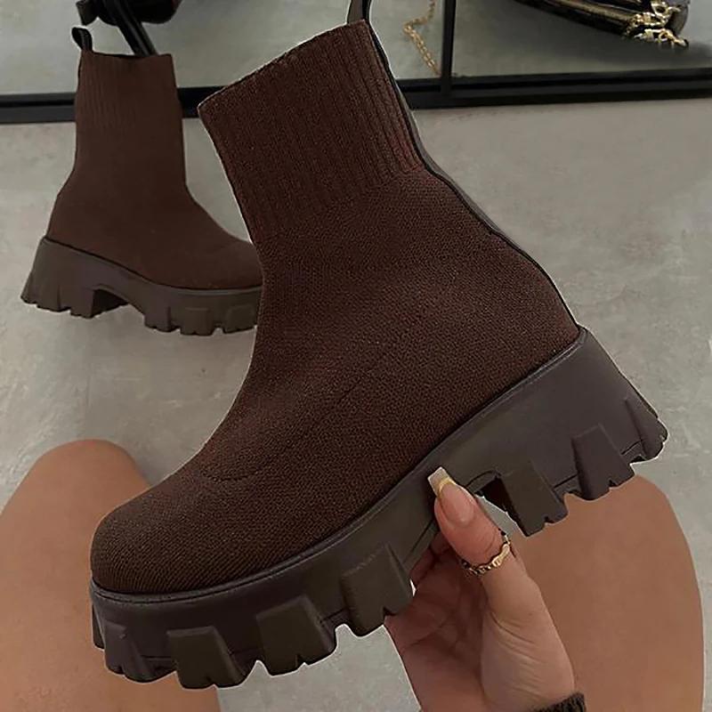 Весна 2024 Новые туфли на платформе Модные женские мотоциклетные ботинки Большие размеры Ботинки-носки Дышащая повседневная обувь для женщин Ботинки