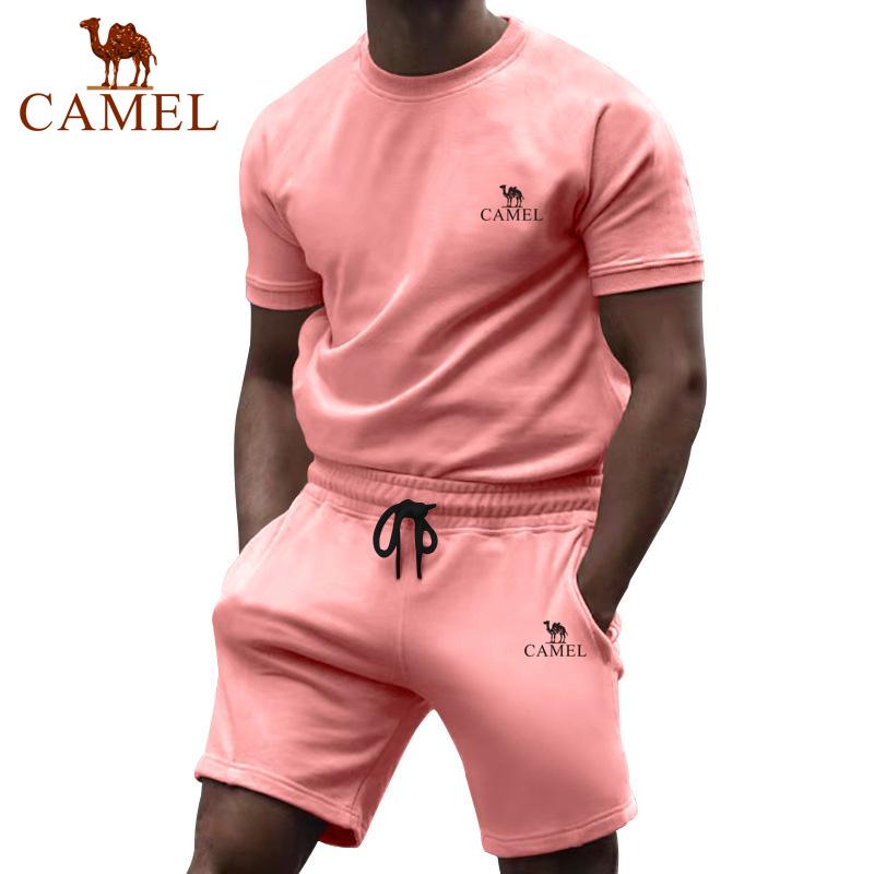Camel Short Sleeved Men's Summer Casual Fashion Solid Color Two-piece Sports Suit Trendy Quarter Pants