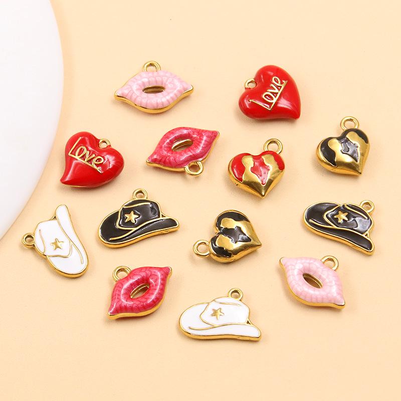 Stainless Steel Enamel Drip Oil Heart, Hat, Lips Pendants – 4 Styles, Colorfast DIY Jewelry Accessories