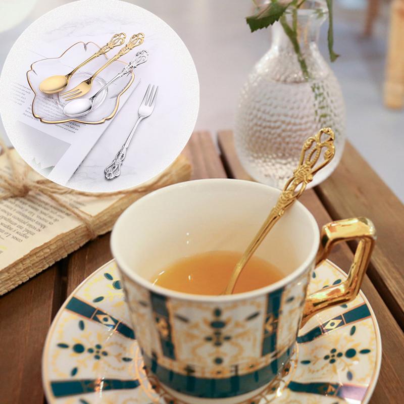 1 шт. Европейская королевская десертная кофейная ложка в стиле ретро с полым узором, вилка для торта и фруктов с тисненым узором, золотистая из нержавеющей стали, кухонные принадлежности