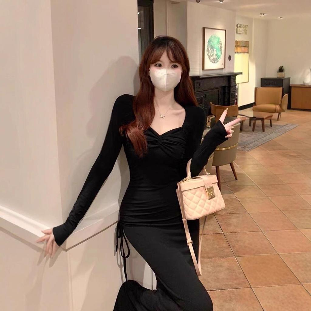 Осень/Зима 2024 Французский стиль Хепберн с акцентом на талию, облегающий, с длинным рукавом, стройнящий, базовый слой