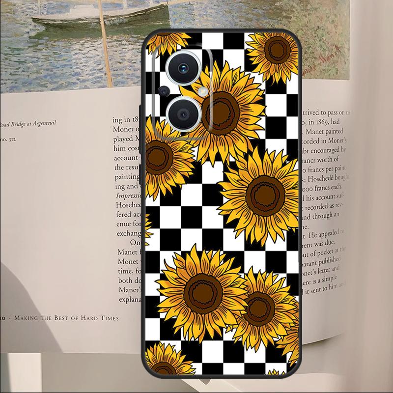 Checkerboard Sunflower Cover For OPPO Reno 14F 11F 12F 13F 10 11 12 13 14 Pro 7 8 Lite OPPO Find X6 X8 X9 Pro Case