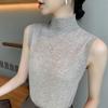 Women's Ice Silk T-shirt Spring Summer Korean Style Sleeveless Lining Top Half High Neck Slim Fit Knit Vest Top