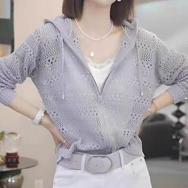 Изысканный женский ажурный вязаный кардиган с капюшоном - Повседневный топ свободного кроя с длинными рукавами для весны и осени 2025