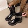 Женские маленькие ботинки мартин из лакированной кожи 2025 осень и зима водонепроницаемые на платформе толстой подошве с высоким эластичным голенищем тонкие ботинки на толстом каблуке короткие ботинки