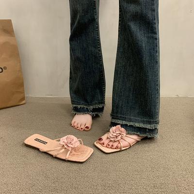 Модная женская обувь Женские тапочки Уличные резиновые шлепанцы Слайды Модные квадратный носок 2025 Плоские Гавайские Роскошные Пляжные Цветочные Плоские Шо