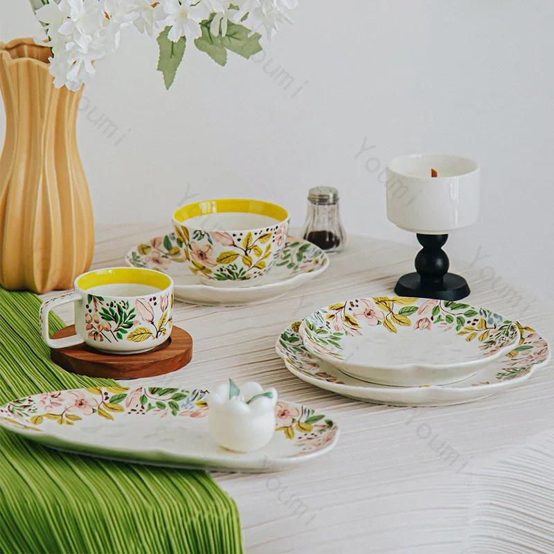 Креативные нестандартные керамические тарелки Изысканные цветы Торт Десертная тарелка Домашние деликатесы Рамен Чаша Отдых Офис Кофейная чашка