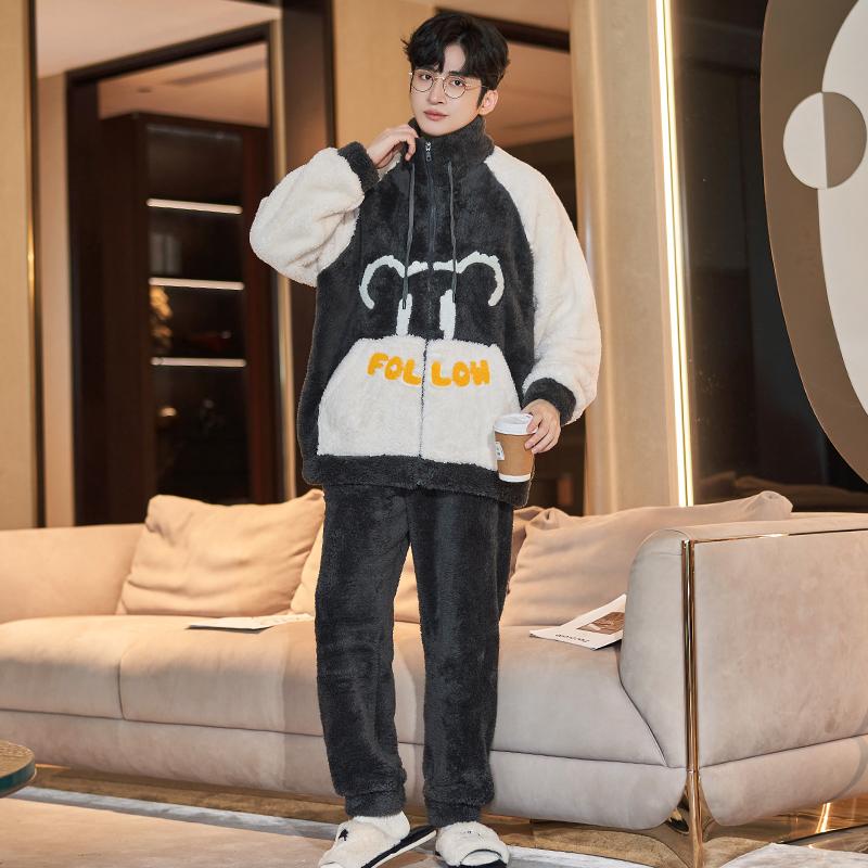 Антистатический коралловый флис мужской зимний пижамный комплект утепленная фланель теплая пижама большого размера на молнии мягкая мужская пижама домашняя одежда