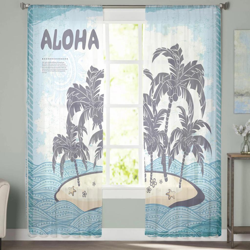 Hawaii Sea Island Tulle Curtains for Living Room Bedroom Sheer Curtain for Balcony Hall Fashion Printed Home Drapes