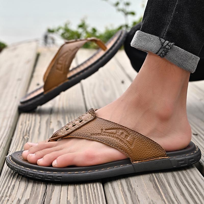 Новое поступление, летние мужские шлепанцы из натуральной кожи, противоскользящие кожаные тапочки ручной работы