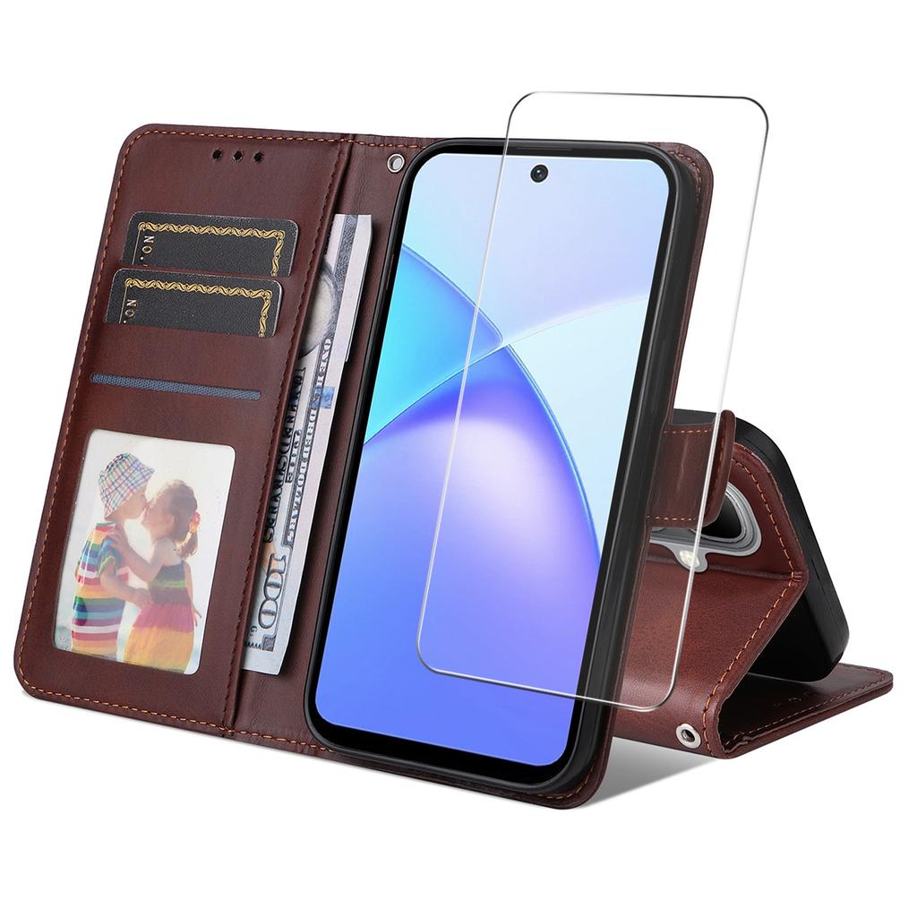 For TECNO Pop 10/Infinix Smart 10 PU Leather Wallet Case Phone Stand Cover with Tempered Glass