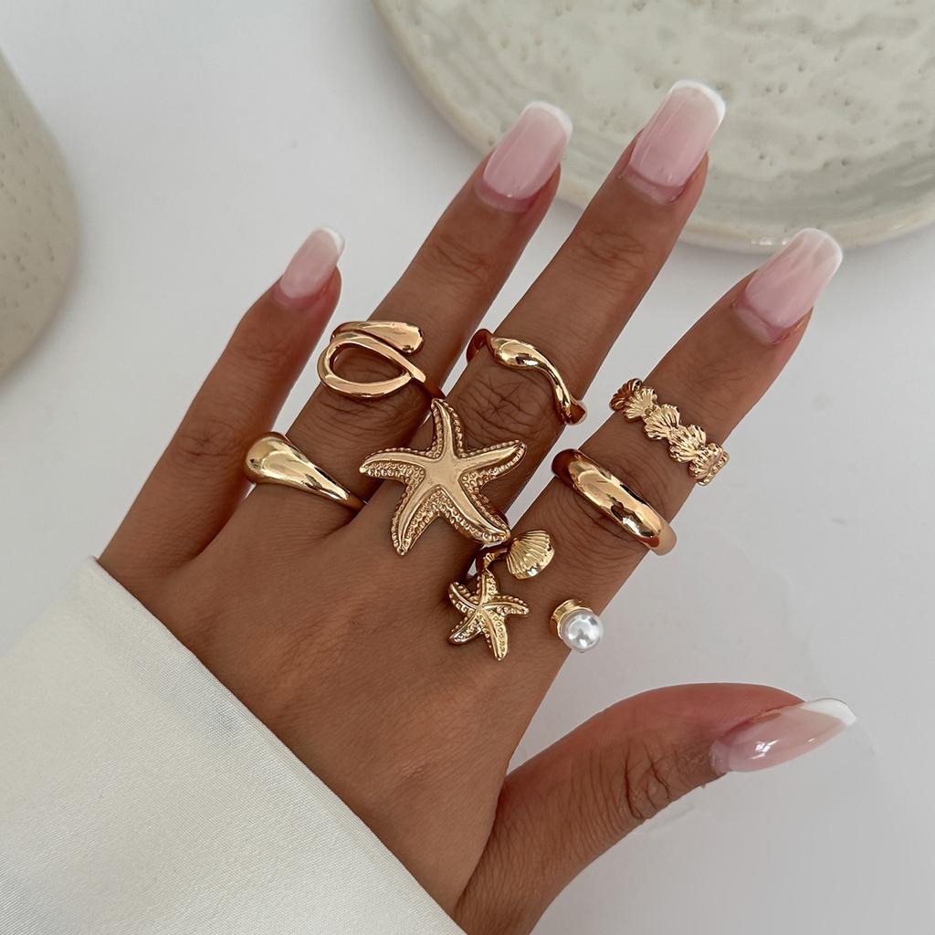 Vacation Starfish Metal Open Ring Ins Style 6-Piece Set Star Scallop Joint Rings for Women