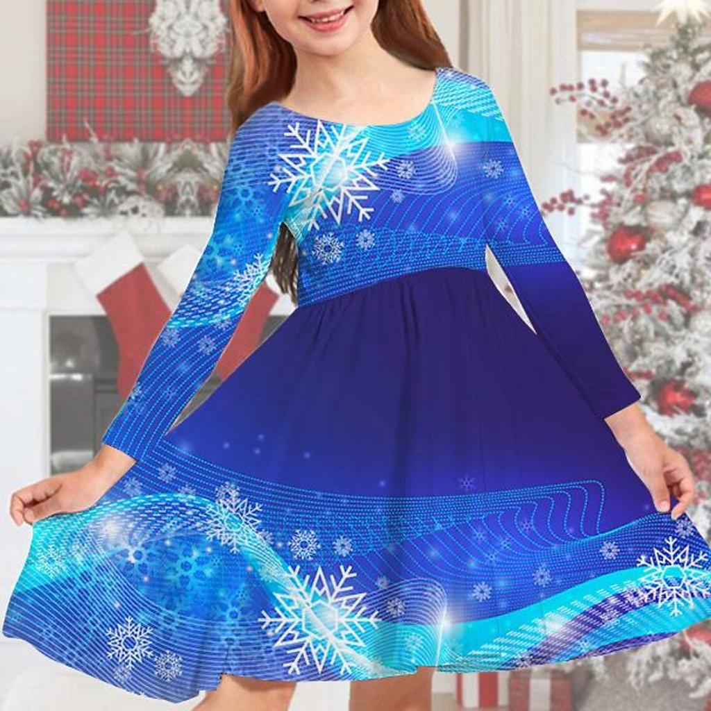 Весеннее повседневное платье принцессы с объемным синим нотом для девочек и принтом снежинок, круглым вырезом и длинными рукавами, детское платье принцессы на Рождество