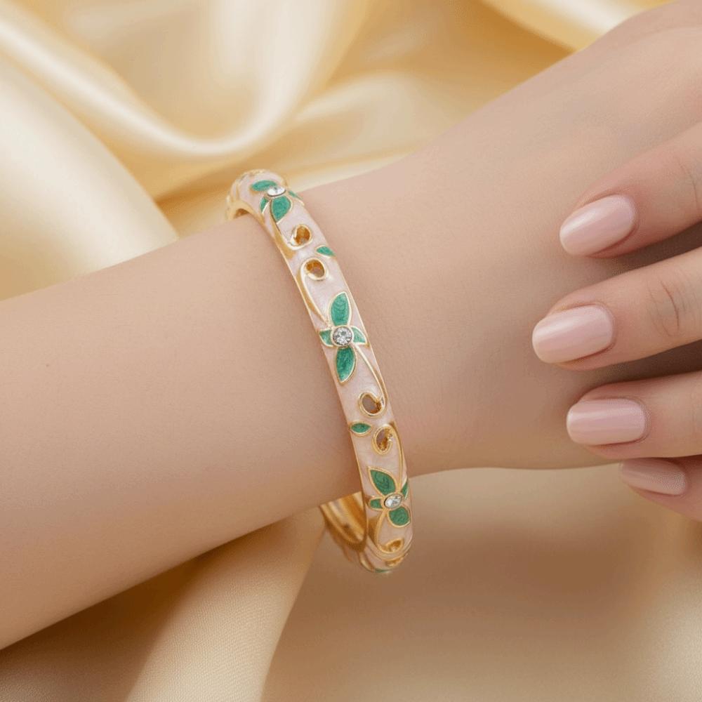 Lightweight Metal Cloisonne Floral Bangle Rhinestone Thin Bracelet  Holiday Presents