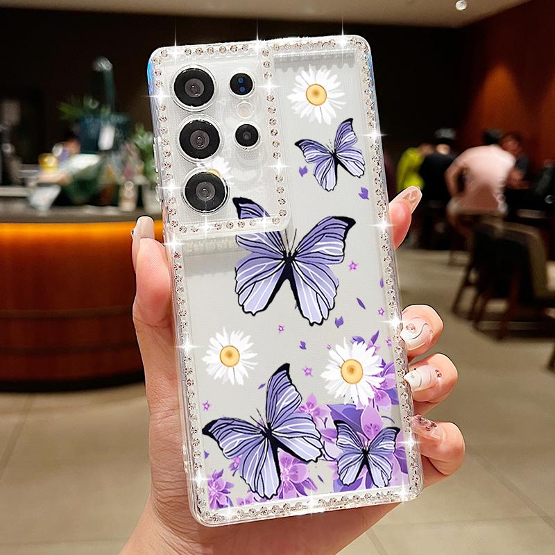 Чехол с узором «Цветы-бабочки» для Samsung Galaxy A56 A36 A26 A16 5G A55 A35 A25 A15 A54 A34 A14 S21 FE S22 S23 S24 Plus S25 Ultra Алмазное покрытие