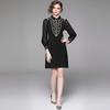 Women's Midi Dress Long Sleeve Vintage Flower Embroidery Dress Wedding Festival Black A Line Mini Dress