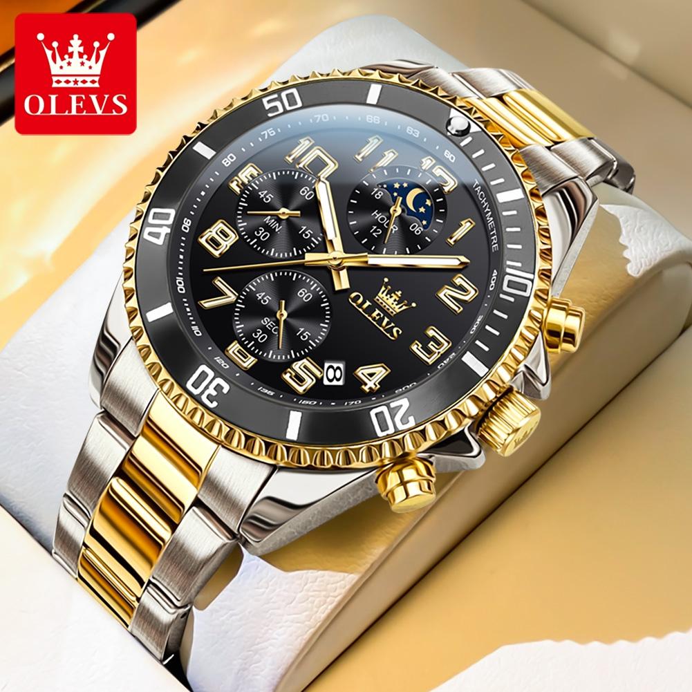 OLEVS Luxury Fashion Men's Watches Fine Steel Chronograph Original Quartz Wristwatch Waterproof Luminous Moon Phase Date 2870