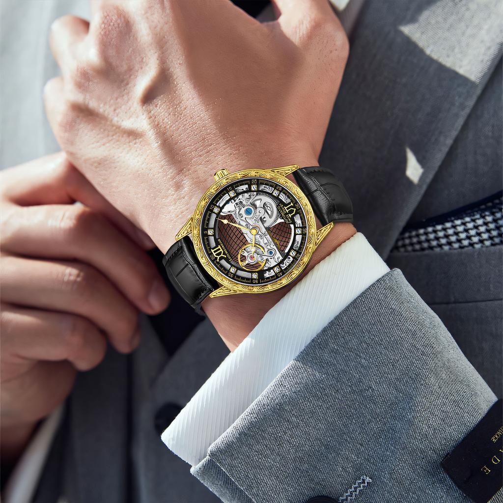 Инкрустированный бриллиантами полый резной циферблат автоматические механические часы мужские водонепроницаемые ночные часы в стиле ретро подходят для повседневного бизнеса