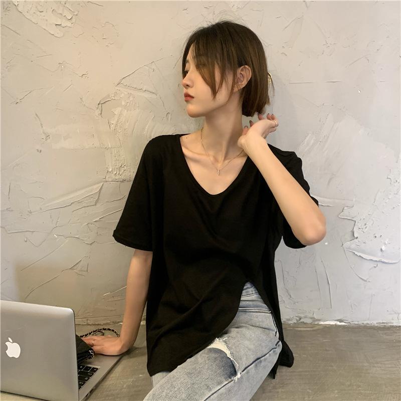 Split v-neck short-sleeved t-shirt summer new design sense collarbone chic loose student on clothes women