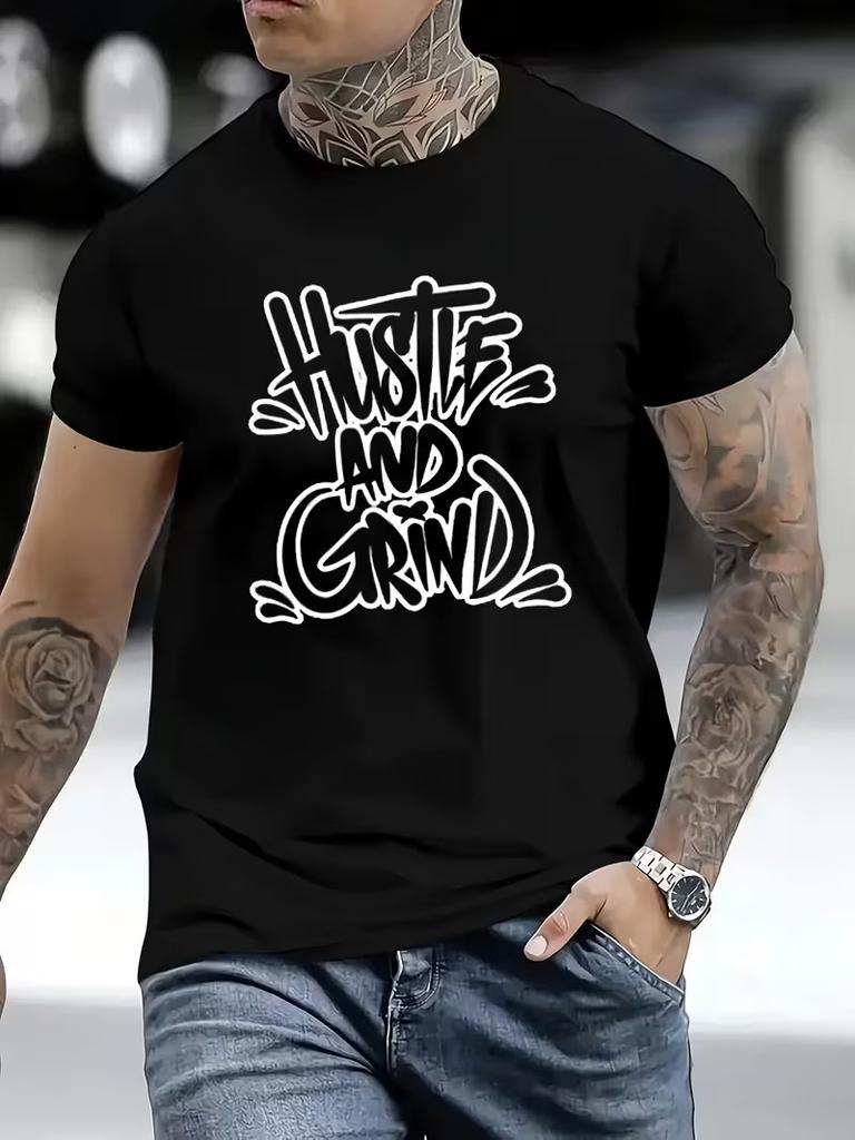 Men'S American Streetwear Graffiti "Hustle And Grind" Casual T-Shirt